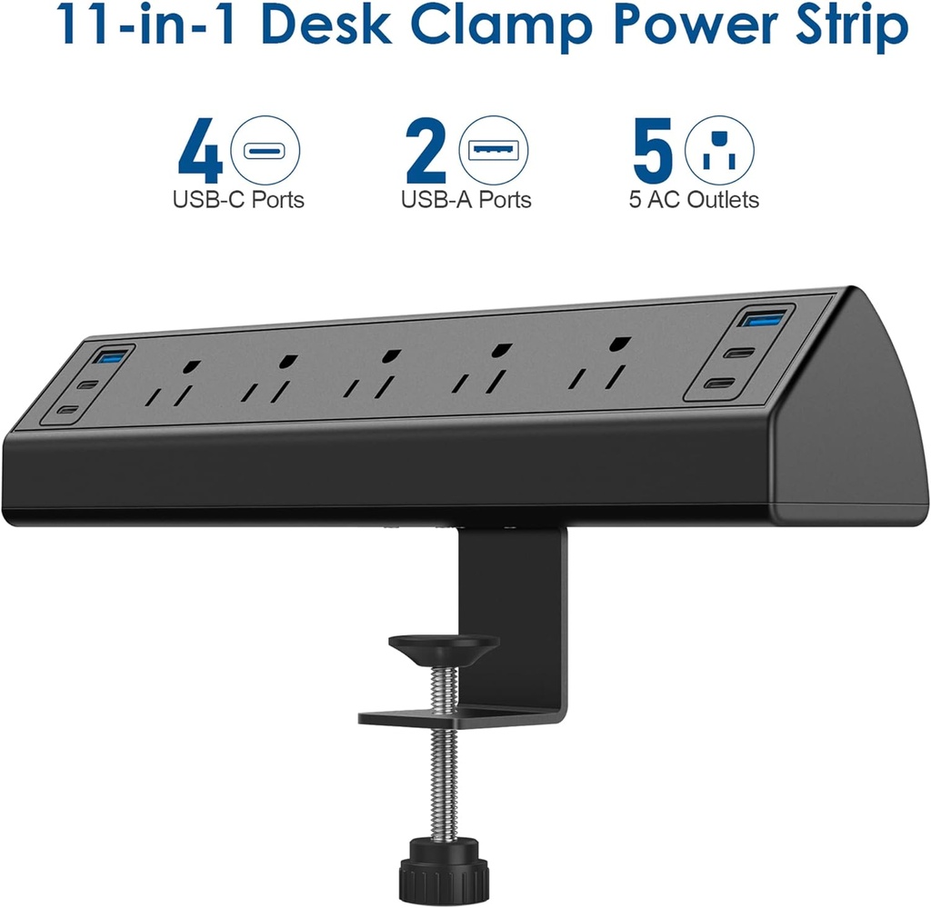 40W Fast Charging Station, Desk Clamp Power Strip with 4 PD USB-C Ports, 5 AC Outlets and 6ft Cord, Fits 1.6" Tabletop Edge