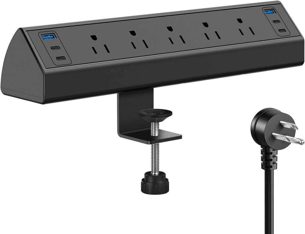 Estación de carga rápida de 40 W | Regleta de alimentación con abrazadera de escritorio con 4 puertos PD USB-C | 5 salidas de CA y cable de 6 pies