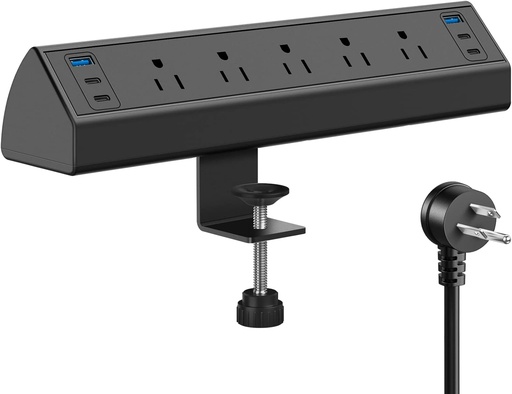 Estación de carga rápida de 40 W | Regleta de alimentación con abrazadera de escritorio con 4 puertos PD USB-C | 5 salidas de CA y cable de 6 pies